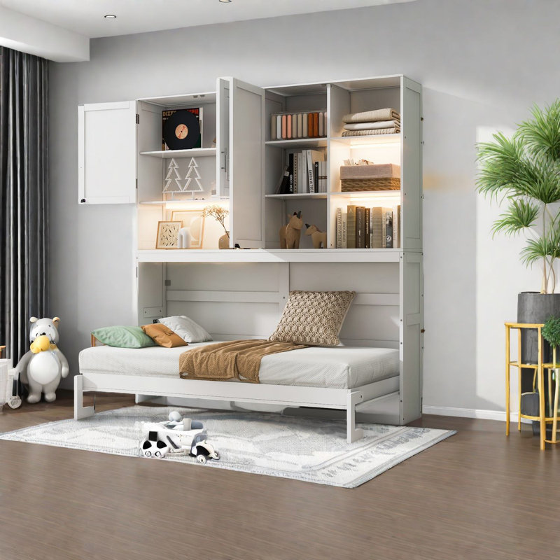 Lit escamotable simple de petite taille, bois MDF durable, solution de rangement moderne pour les maisons compactes