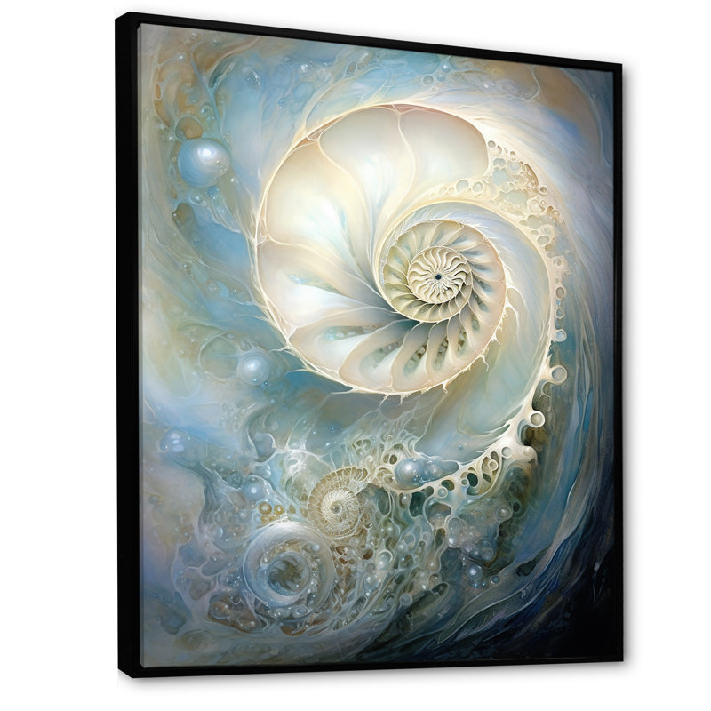 Nautilus perle bleue et blanche sur toile, H 32 po x l 24 po x P 1 po, Cadre flottant noir