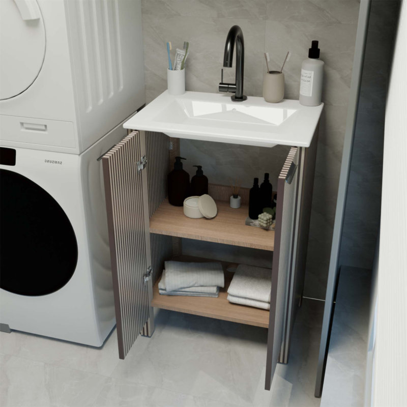 Ensemble de meuble-lavabo moderne de 30 pouces avec 2 portes et plateau en résine, écologique et durable, Brun