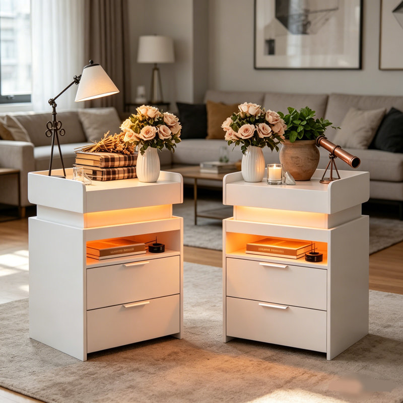 Table de chevet avec rangement, 45,7 cm (18 po) de largeur, lampe DEL et station de recharge, 2 tiroirs et tablette ouverte, blanche