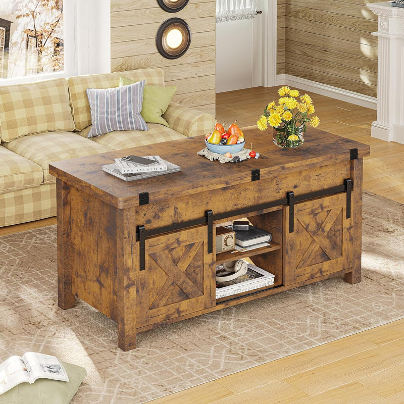 Lonan Coffee Table  Farmhouse Coffee Table with Storage and Hidden Compartment, Rustic Brown