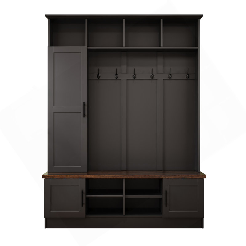 Versatile 3-In-1 Hall Tree With 6 Hooks, Walnut Storage Bench With Adjustable Shelves, 55"W Entryway Coat Rack With Multiple Storage Space For Mudroom, Hallway, Black