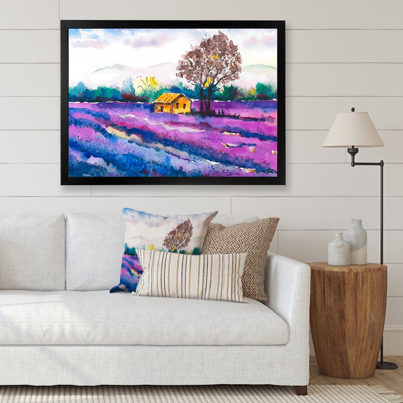 Maison de fermier solitaire sur un champ de lavande - peinture sur toile, H 16 po x l 32 po, Cadre d'angle fermé noir