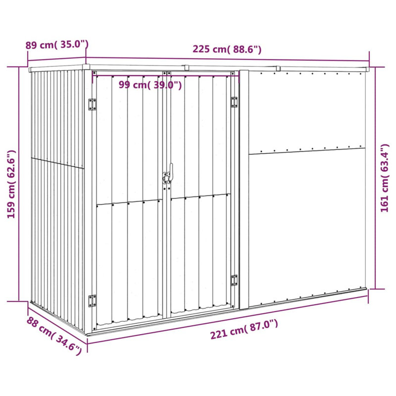 Anthracite Gray Galvanized Steel Lean-To Storage Shed, 88.6" x 35" x 63.4"