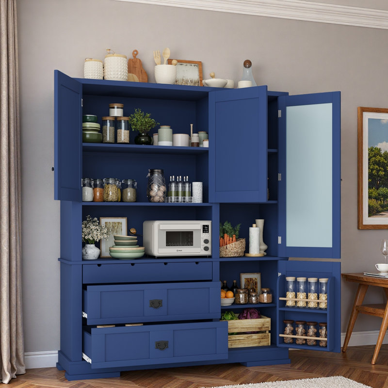 Grande armoire de cuisine avec huche, tiroirs et tablettes réglables Nelson, Blue