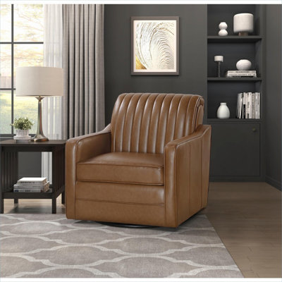 Fauteuil d'appoint pivotant en noyer brun, siège en faux cuir respirant avec coutures en forme de canal pour le salon, 1 pièce pour adultes