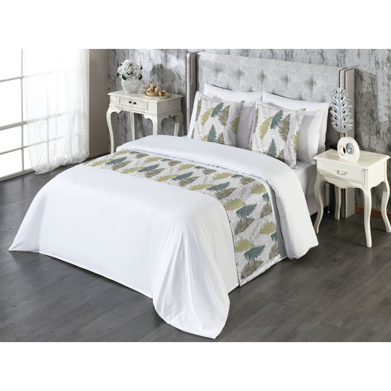 Ambesonne Forest Bed Runner Set Leaves Botanical Minimalist  Khaki White and Hunter Green, King