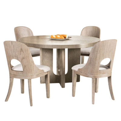 Zoko 5Pc Round Dining Table Set, White Polyester Chairs, Ash Gray Wood