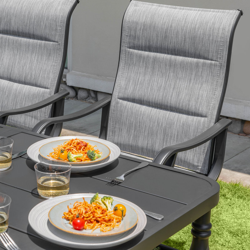 Patio 7-piece PVC-coated polyester Dining Set, C-spring Chair Legs And Umbrella Hole, Gray