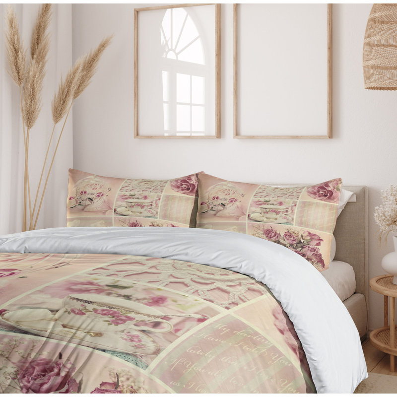 Pale Pink and White Floral Duvet Cover Set with Pillow Shams