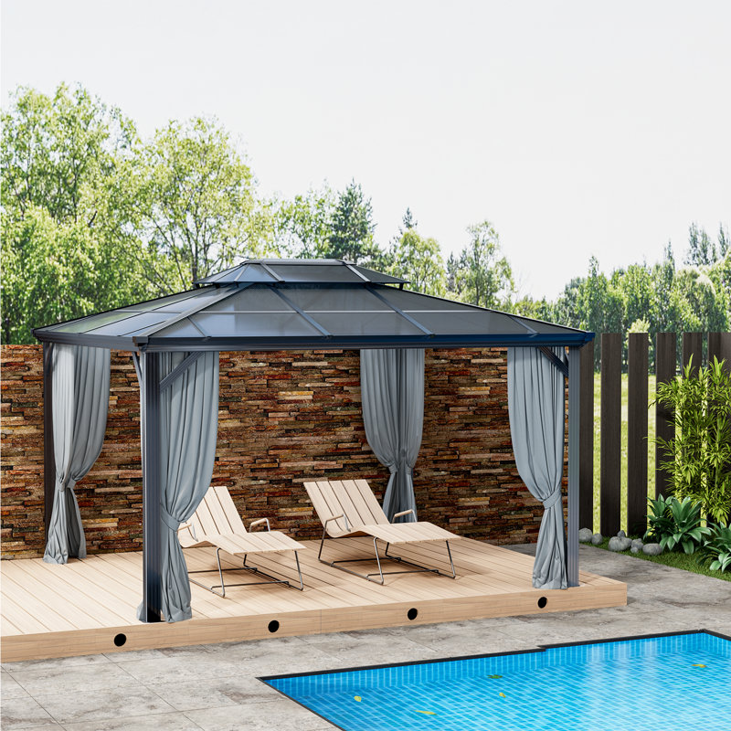 Pavillon de jardin en polycarbonate 12 pi x 16 pi à double toit en polycarbonate pour l'extérieur, pavillon permanent avec filet et rideaux pour les pelouses de jardin