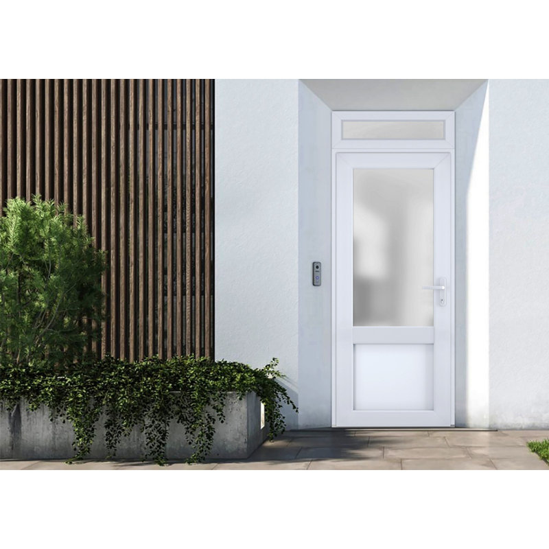 Front Exterior Prehung FiberGlass Door Frosted Glass / Manux 8422 White Silk / Top Exterior Window / Office Commercial and Residential Doors Entrance Patio Garage-W36" x H80+14"-Left-hand Inswing
