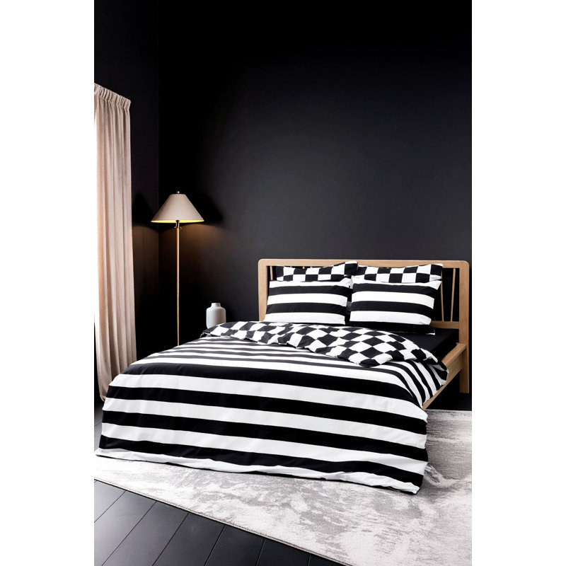 Premium Ranforce Double Quilt Cover Set, 100% Cotton, Black | Duvet Cover 78.7 x 86.6 inches, Fitted Sheet 63.0 x 79.0 + 11.8 inches, 2 Pillowcases 19.7 x 27.6 inches | Reactive Printing, Machine Washable, Button Closure