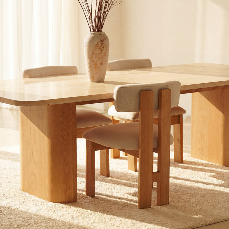 Ovelo 96" Brown Oak Dining Table with Travertine Top, Modern Rectangle Dining Table for 6-8 People, Naturel