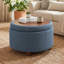 Pouf de rangement rond 2 en 1 capitonné avec pattes en bois massif, coussin capitonné et plateau en bois réversible-1049625996