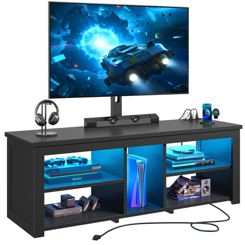 Adjustable Tv Stand With Led Lights And Power Outlets For 32 To 70 Inch Tvs, Black