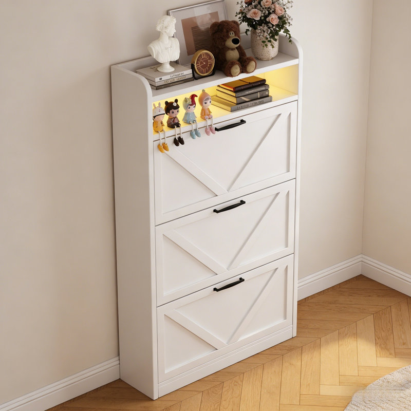 Narrow Wooden Shoe Cabinet With LED Drawers