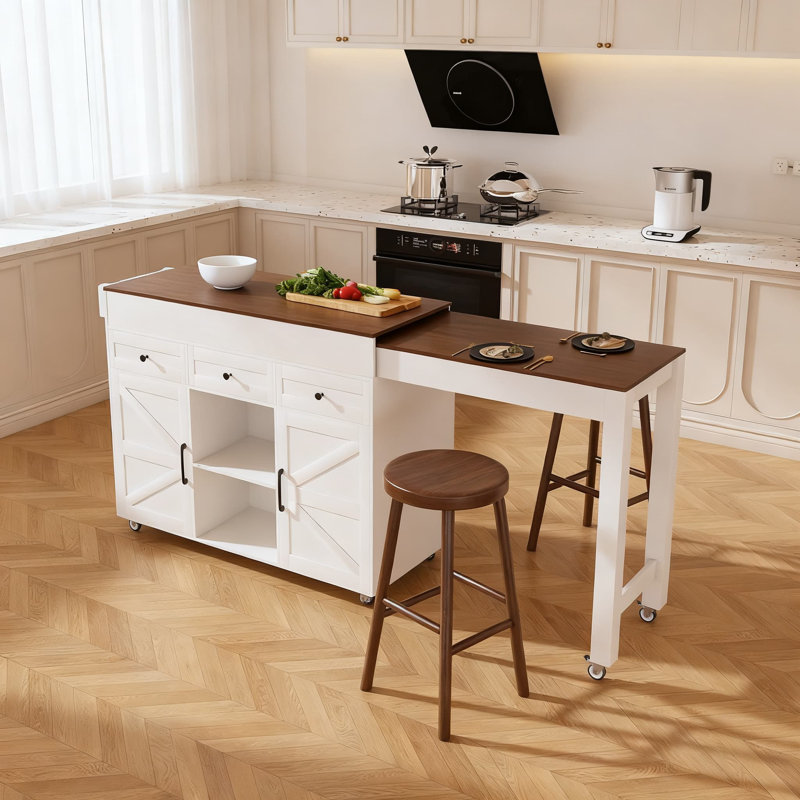 Îlot de cuisine extensible avec table de salle à manger à abattants, chariot mobile avec prise de courant, 3 tiroirs et armoire de rangement sur roulettes verrouillables pour la cuisine et la salle à manger