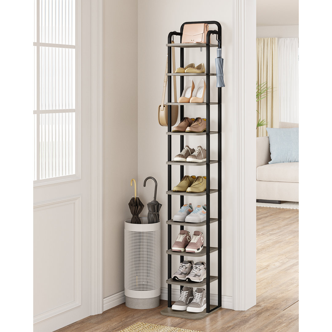 Vertical Shoe Rack, Shoe Shelves, Wood Shoe Organizer for Closet, Entryway, Shoe Tower for Small Spaces, Free Standing, Adjustable, with 2 Hooks