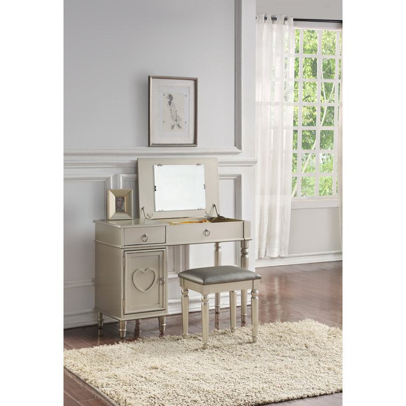 Ensemble de meuble-lavabo de chambre à coucher avec tabouret à tiroirs ouverts, Silver, Silver