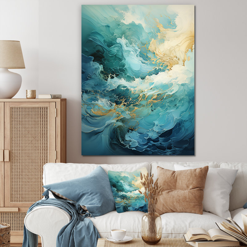 Art moderne moderne Goldn Wave Symphony I - Vagues, Toile tendue, H 44 po x l 34 po x P 1,5 po