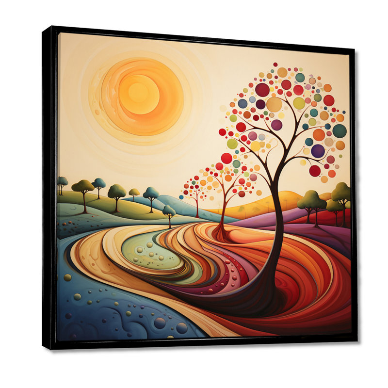 Joyeux arbre coloré Summertime - arbre, art mural de salon, H 16 po x l 16 po, Cadre flottant noir, bois massif