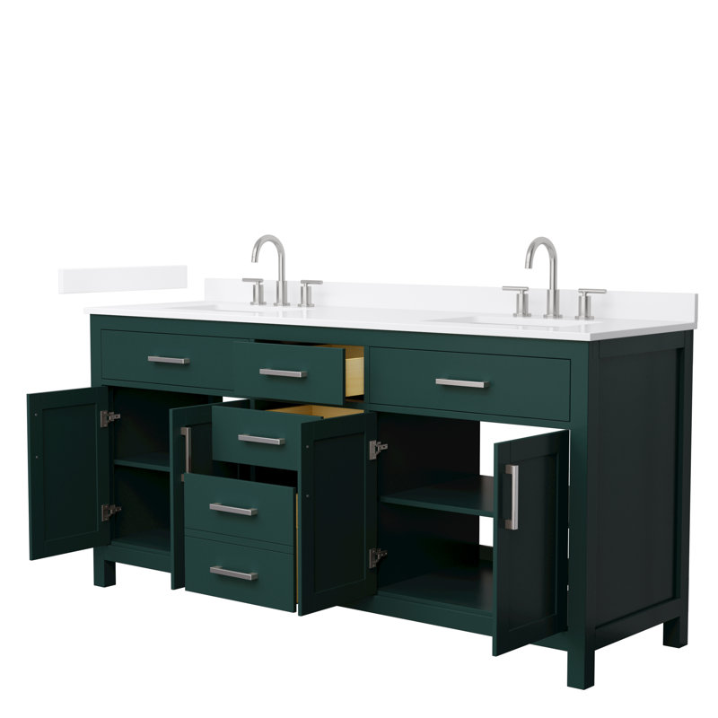 Beckett 72" Freestanding Double Bathroom Vanity with Quartz Top, Green, White Quartz, Brushed Nickel