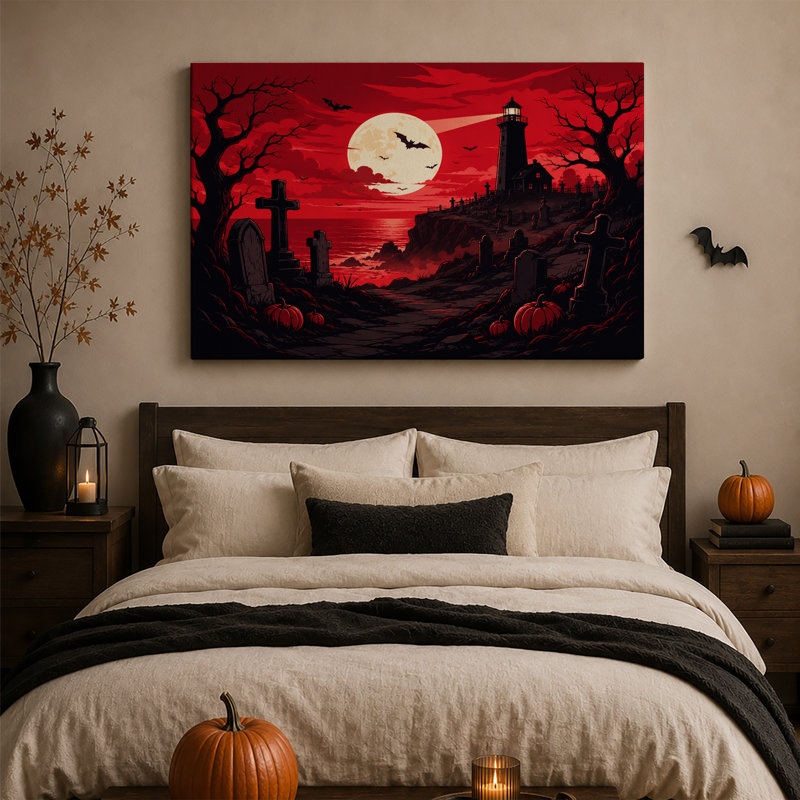 Art mural sur toile Spooky Coastal Graveyard and Lighthouse Under Halloween, H 16 po x l 24 po