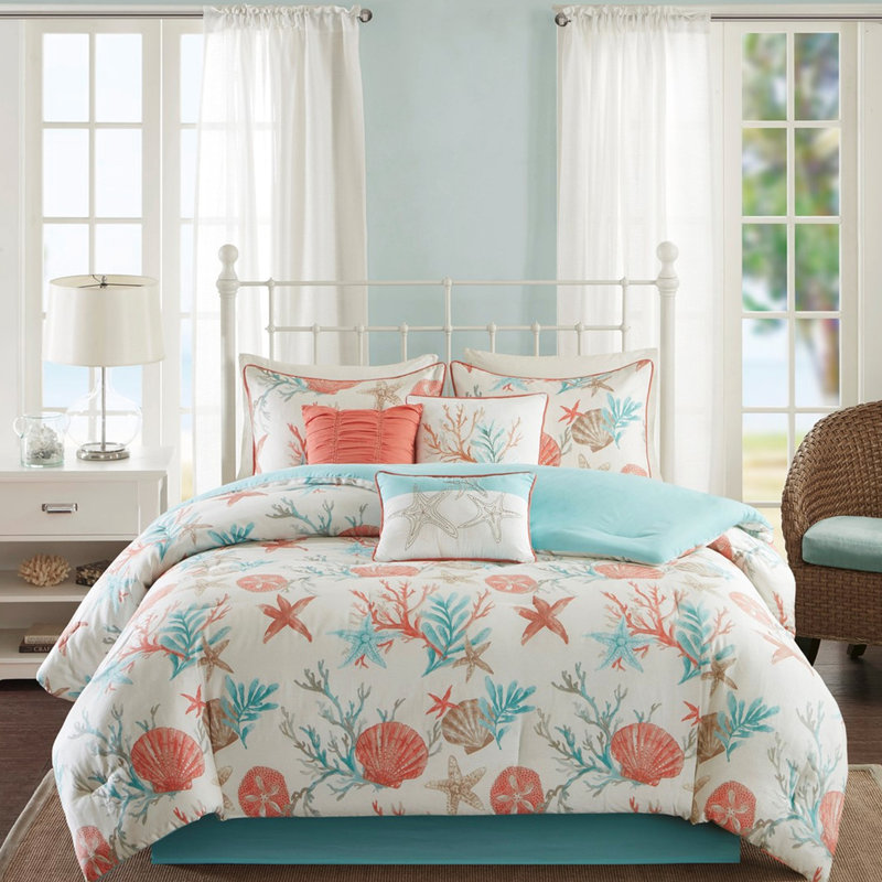 Literie 7 pièces Coral King - coton, étoile de mer imprimée et coraux, revers en mélange doux, rembourrage, édredon très facile d'entretien, aigue-marine et sarcelle, lavable à la machine