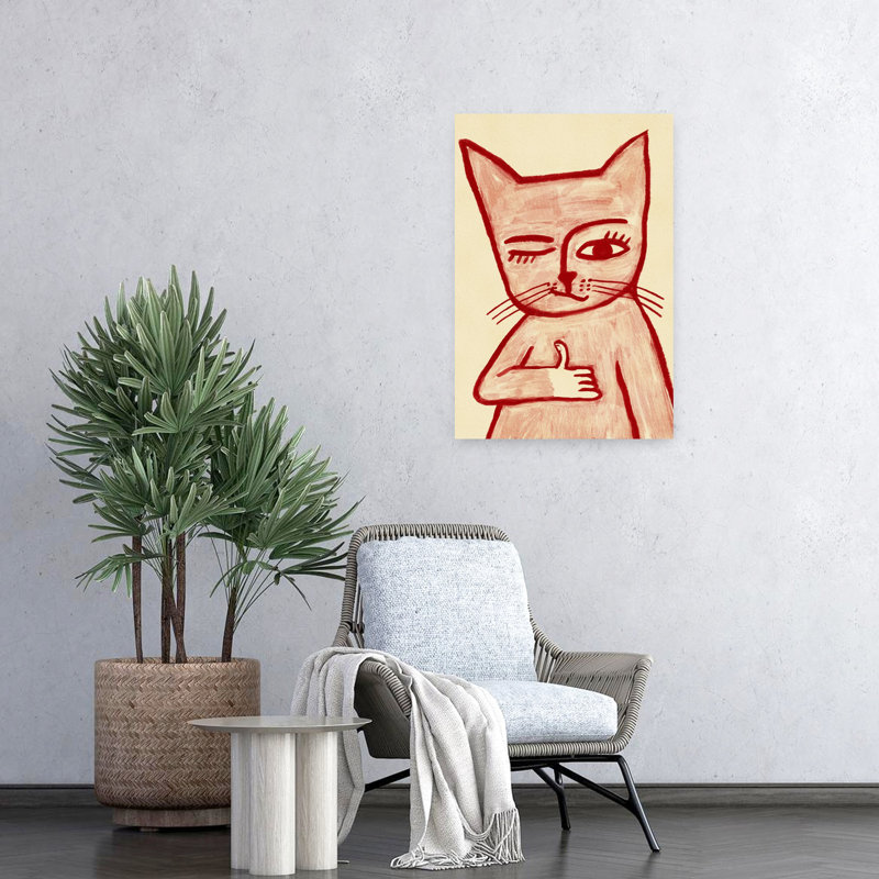 «Winking Cat Thumbs Up Playful Whimsical Contemporary», art mural, 24" H x 16" W
