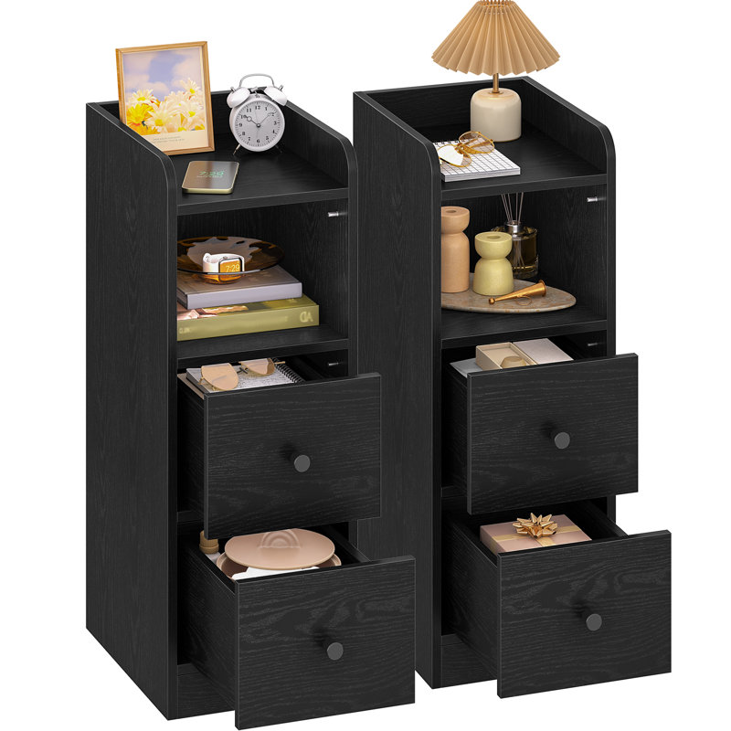 Slim Bedside Tables Set of 2, Narrow Side Table with 2 Drawers, Bedside Cabinet with Open Compartment, Adjustable Drawer Position for Bedroom, Living Room, 30 x 24 x 65 cm 