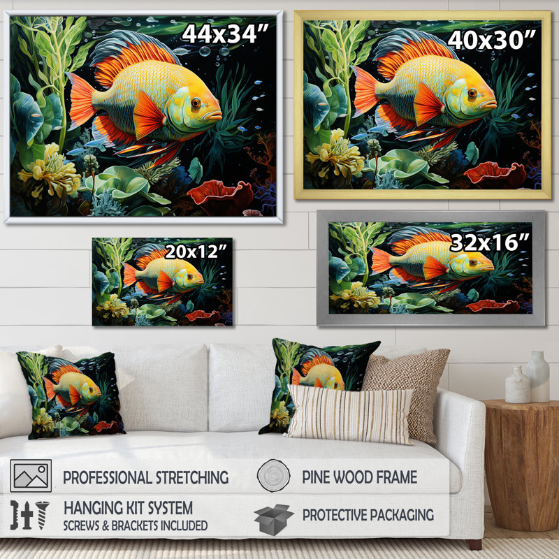 Poissons sous l'eau au pays des merveilles - poisson, art mural, Cadre flottant blanc, H 24 po x l 32 po x P 1 po
