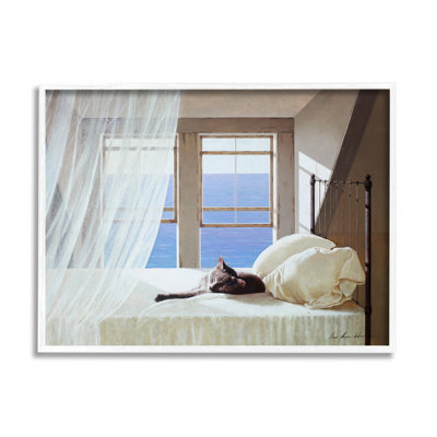 Chat reposant sur un lit de bord de mer blanc, art nautique sur toile par Zhen-Huan Lu