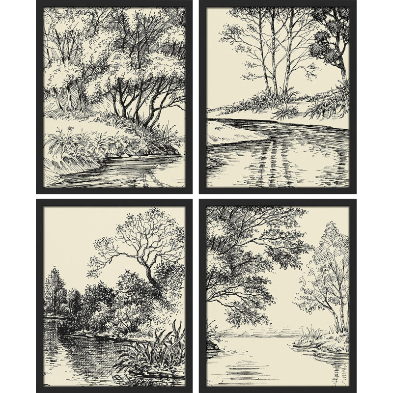 Duotone Storybook Forest Tree Landscape, impression encadrée sur papier, 4 pièces, Blanc, H 10 po x l 8 po
