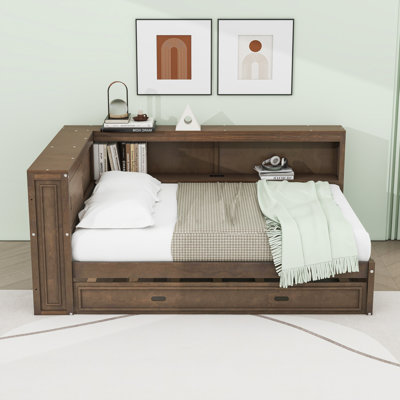 Lit de jour double en bois avec DEL, USB, tablettes de rangement et lit gigogne simple