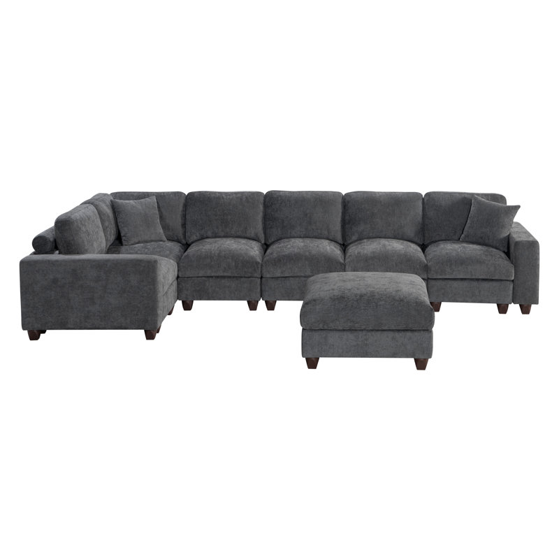 127" L-Shaped Modular Chenille Sectional Sofa With Ottoman, Dark Gray Chenille