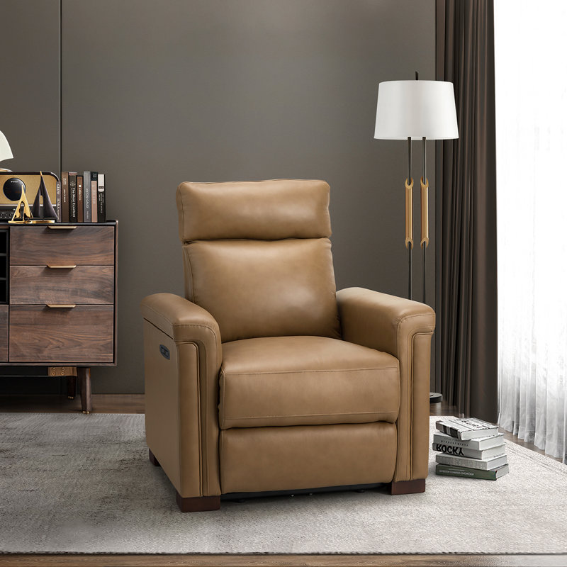 Westdale 36.02'' W Genuine Leather Power Standard Recliner with Solid Wood Legs, Taupe