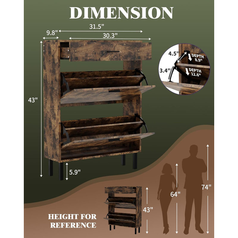 3-Tier Shoe Storage Cabinet w/ 2 Flip Drawers, Freestanding Entryway Organizer w/Adjustable Shelves, Hidden Shoe Rack, Brown