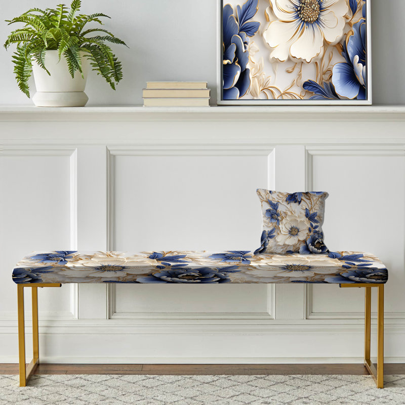Upholstered Gold Bench, Cobalt Cameo Delight Victorian Pattern I