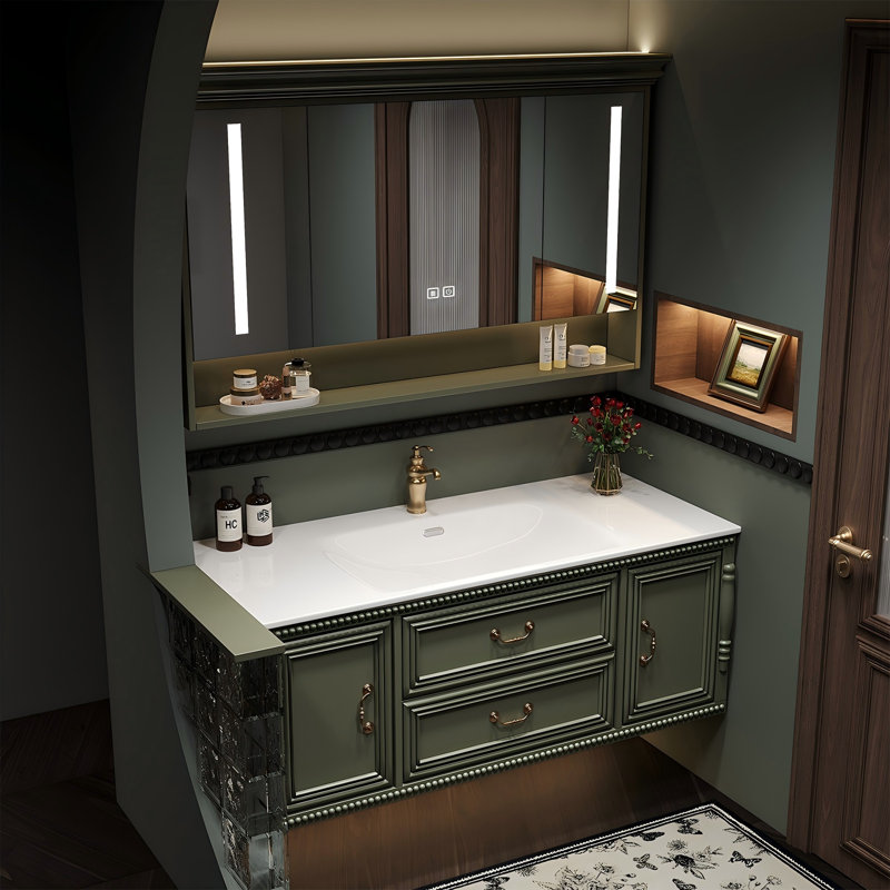 Meuble-lavabo mural 47,24 po en bois d'hévéa vert foncé avec miroir, 48"