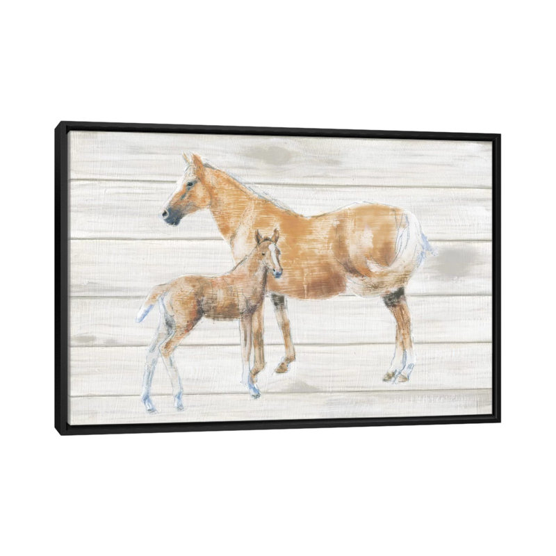 Cheval et poulain sur bois, impression sur toile tendue, H 18 po x l 26 po x P 1,5 po, Toile avec cadre noir, Pas de tapis