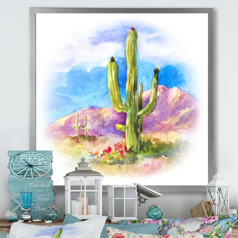 Cactus carnegiea dans le dessert - on, H 36 po x l 36 po x P 1,5 po, Toile argentée avec cadre photo