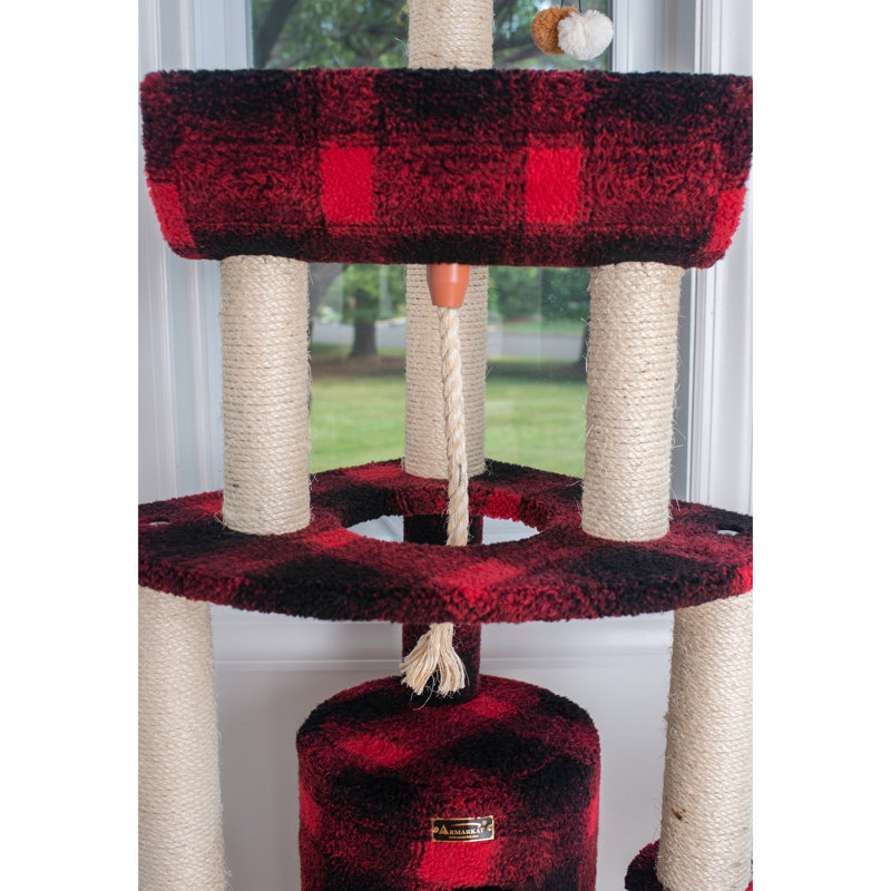 58'' Red and Black Plaid Sisal Cat Tree with Condo and Ramp