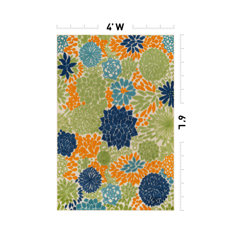 Floral Beige/Navy/Teal/Green/Orange Indoor/Outdoor High-Low Area Rug, Rectangle 4' x 6', Multi/Beige