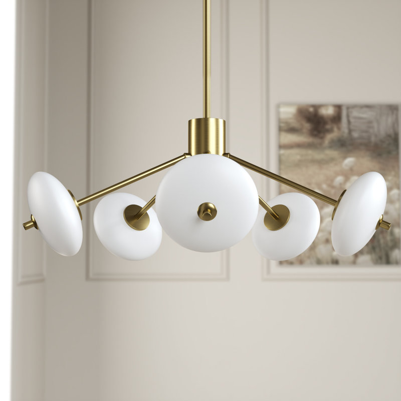 5 - Light Dimmable Modern Polished Brass LED Chandelier for Hallway/Kitchen Island.Features White Glass Shade.