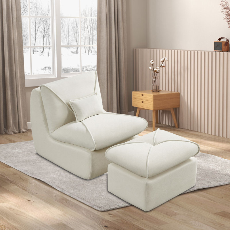 Ensemble de fauteuil à billes et de repose-pieds rembourrés avec coussin pour chambre à coucher ou salon Modern, Tissu beige