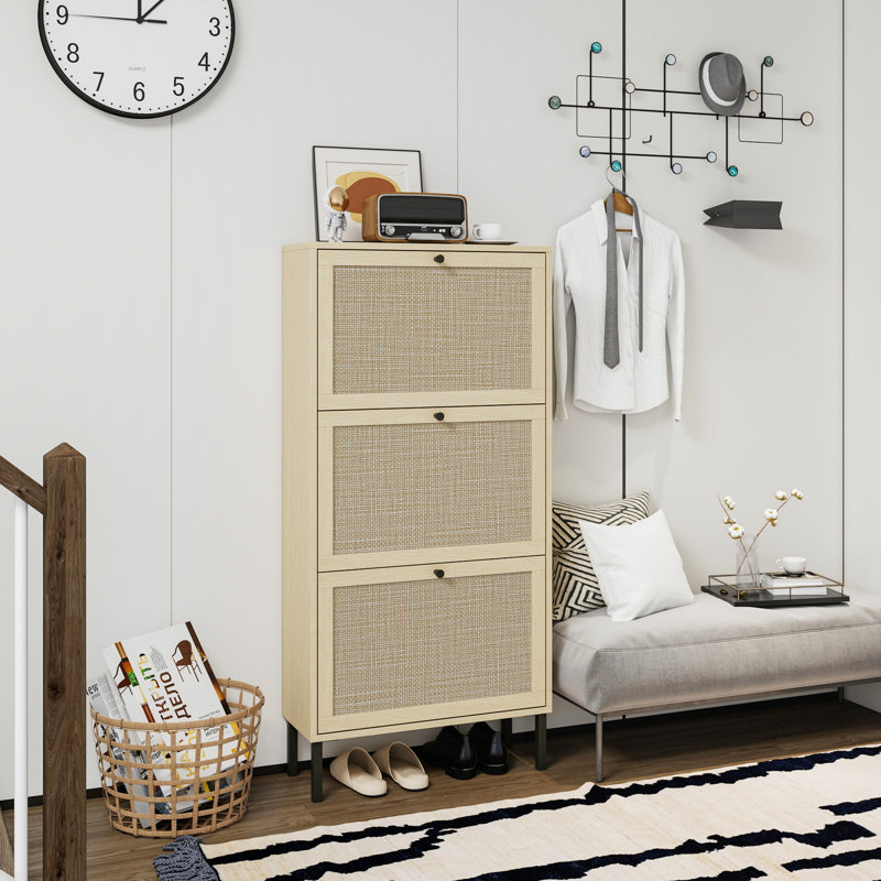 Étagère à chaussures en rotin 3 portes, armoire de rangement pour chaussures moderne autoportante, pour vestibule (armoire)