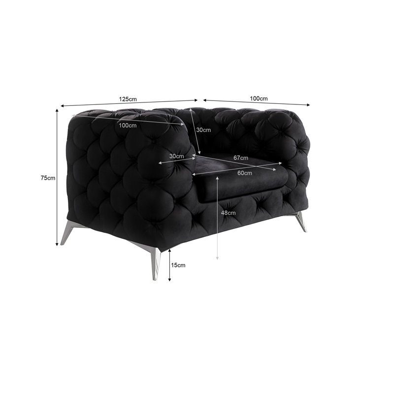 Chesterfield Armchair  with Silver Metal Legs, Black
