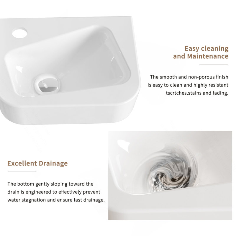 Lavabo de salle de bain flottant mural - Lavabo de salle de bain rectangulaire suspendu 14 po x 10 po en porcelaine blanche avec robinet et bonde
