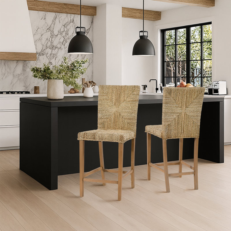 Solid Wood Natural Finish Bar Stool With Handwoven Rope